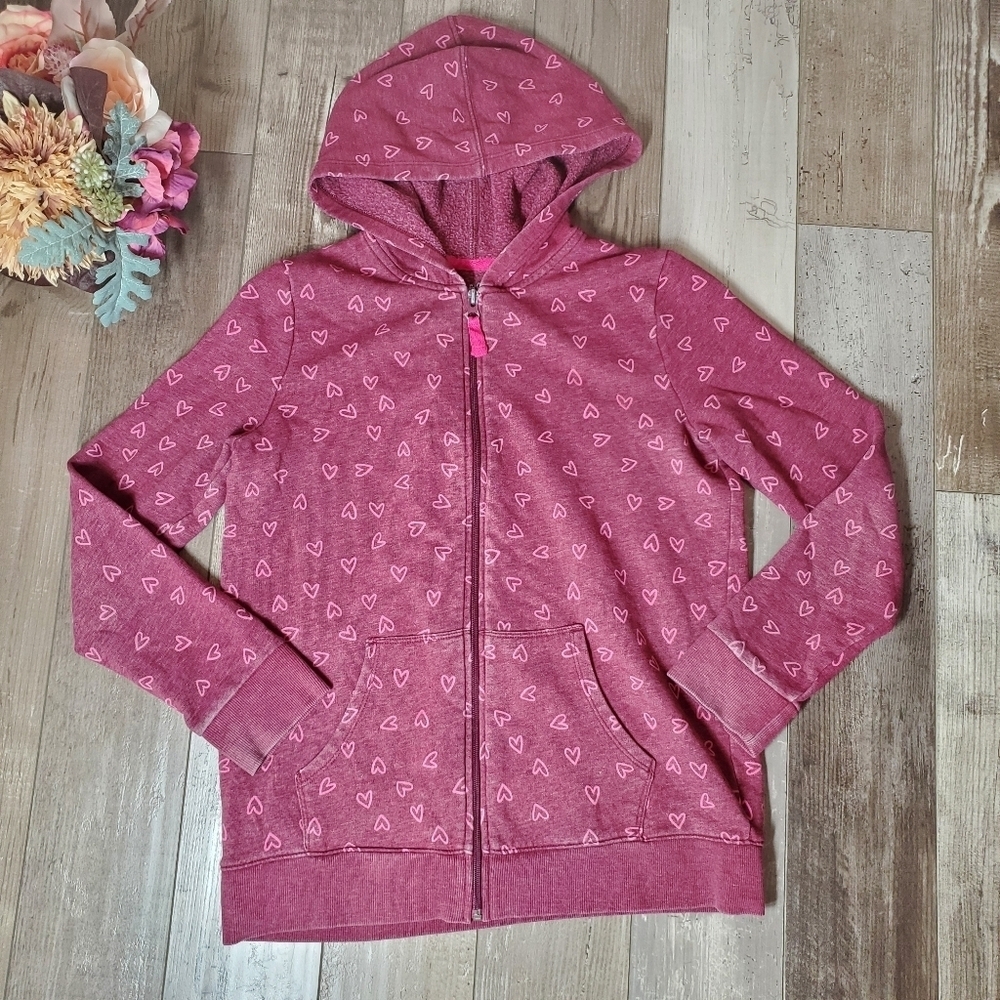 Cat & Jack Burgundy and Pink Heart Pattern Zip-Up Girls Size XL Casual Jacket